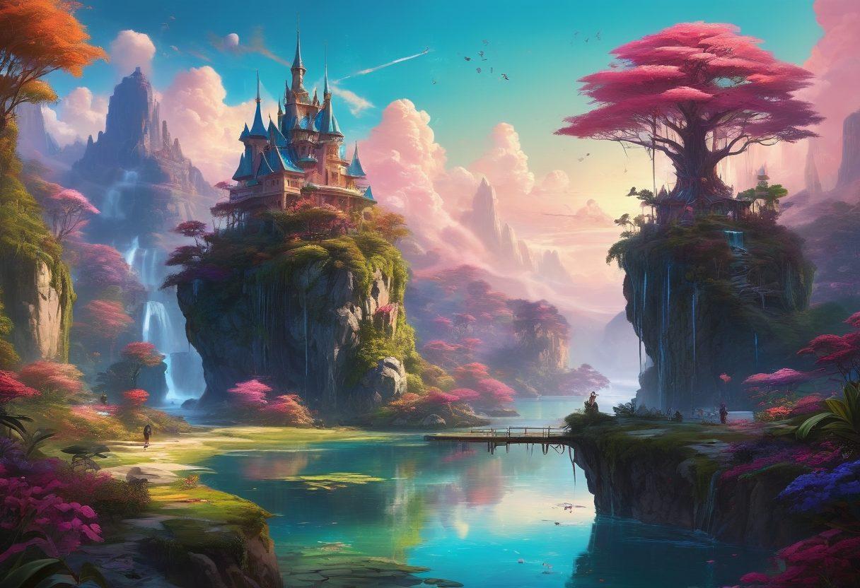 A fantastical landscape depicting diverse immersive worlds, with vibrant characters engaged in creative activities, each representing unique traits shaped by their devotion. The scene should include a vivid palette of colors showcasing magic, exploration, and emotional connections. In the background, ethereal structures and whimsical elements symbolize the fusion of dreams and reality. surrealistic. vibrant colors. intricate details.