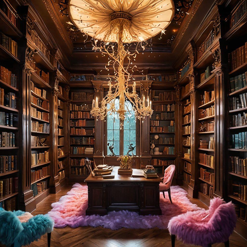 A whimsical scene depicting a fantastical library filled with vibrant, swirling threads of light representing love and devotion, intertwined around books and characters from various fantasy stories. Ethereal creatures flutter among the shelves, illustrating passion and connection. A warm glow emanates from the center, hinting at rich emotions. The background is a dreamy blend of pastel colors, invoking a sense of wonder. surrealistic, vibrant colors, fantasy art.