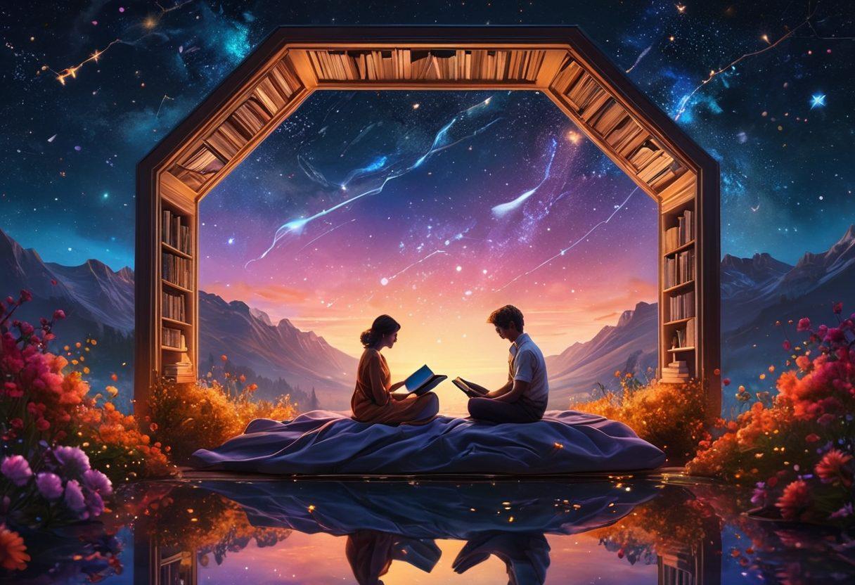 A whimsical scene featuring a couple sitting under a starlit sky, surrounded by floating books that emit soft golden light, symbolizing the blend of romance and fantasy. The backdrop includes a mystical landscape with flowers that glow in various colors, embodying passion and care. Include subtle hints of futuristic elements, like glowing constellations above. dreamy illustration. vibrant colors. surreal atmosphere.